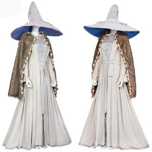 Cosplay da Ranni, de Elden Ring, com chapéu pontudo, capa felpuda e vestido claro, de frente e de costas