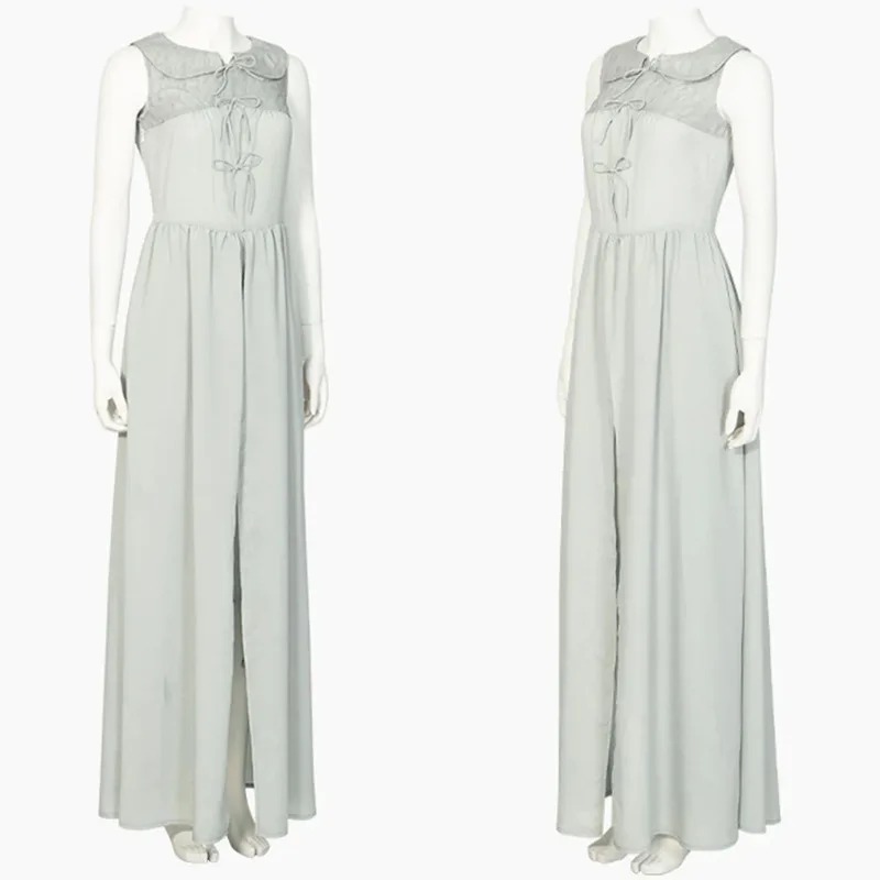 Vestido claro sem mangas do cosplay da Ranni, de Elden Ring, de frente e de costas