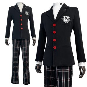 Ren Amamiya, Persona 5, cosplay com casaco preto de botões vermelhos, camiseta branca e calça xadrez