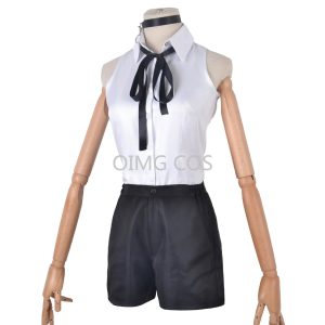 Camisa branca sem manga com laço preto, gargantilha e shorts preto do cosplay da Reze, de Chainsaw Man, em manequim