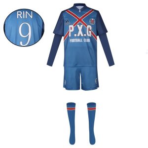 Uniforme azul do Rin Itoshi, de Blue Lock, com camisa de manga longa, shorts e meias