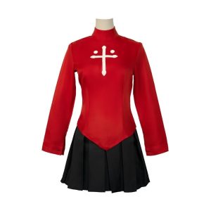 Blusa vermelha de gola alta com cruz branca e saia plissada preta da Rin Tohsaka, Fate/stay night