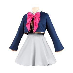 Casaco azul-marinho, laço rosa e saia cinza do cosplay da Ruby, de Oshi no Ko, num manequim
