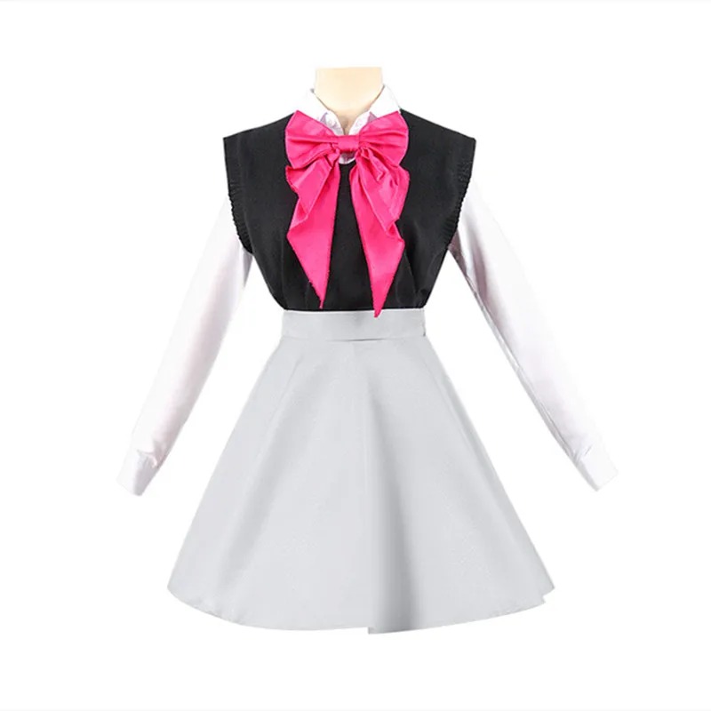 Colete preto, camisa branca, laço rosa e saia cinza do uniforme da Ruby, de Oshi no Ko