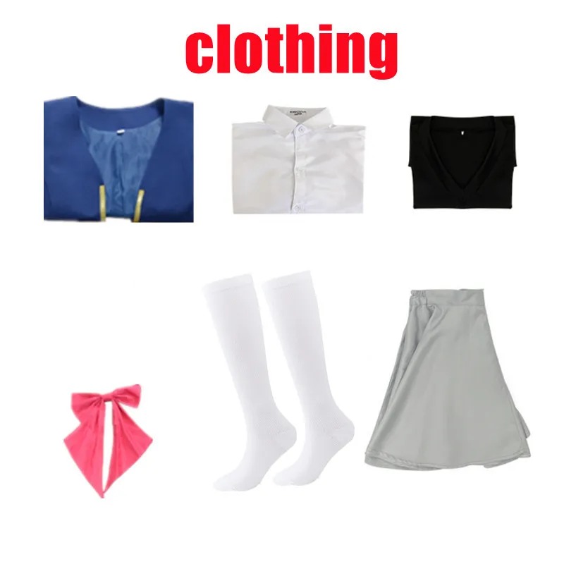 Peças do cosplay da Ruby, de Oshi no Ko: casaco, camisa, colete, saia, laço rosa e meias