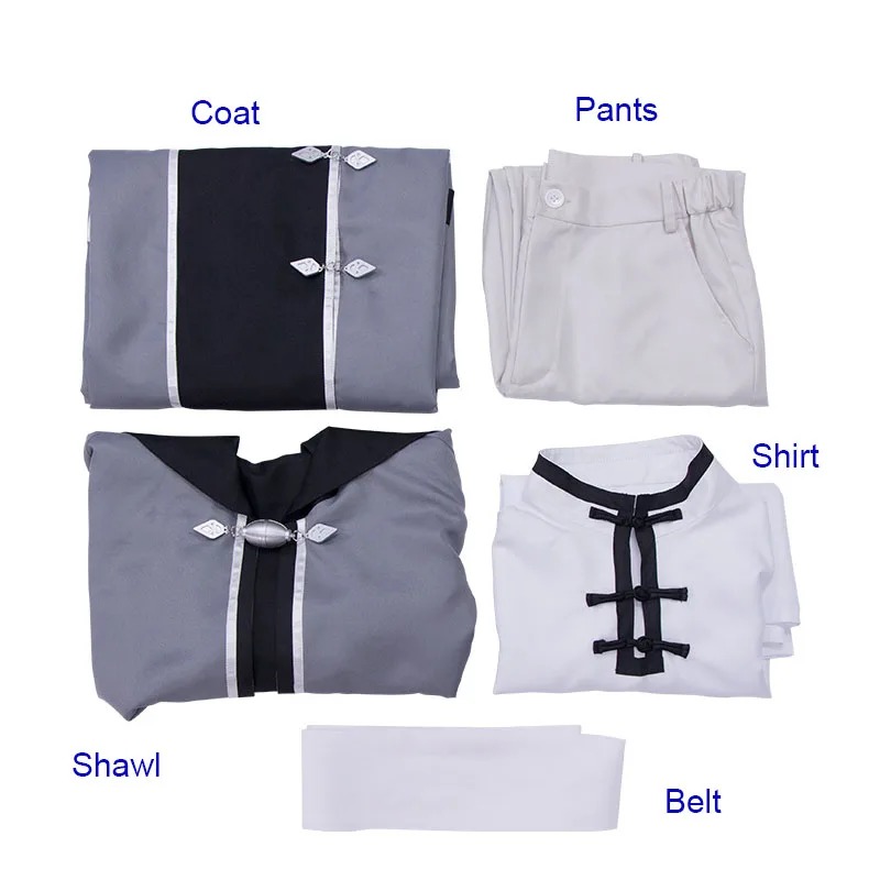 Peças do cosplay do Rudeus: casaco, calça, camisa, xale e cinto