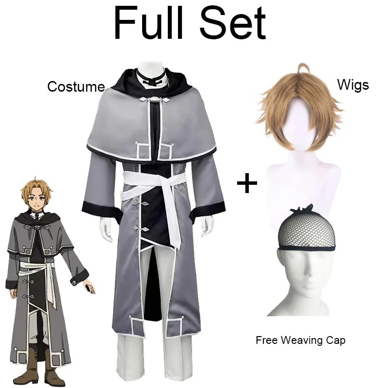 Conjunto completo do Rudeus com traje cinza, peruca castanha e touca de tela