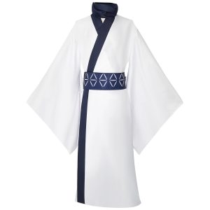 Quimono branco do Sukuna com gola azul-marinho e faixa de triângulos, de Jujutsu Kaisen