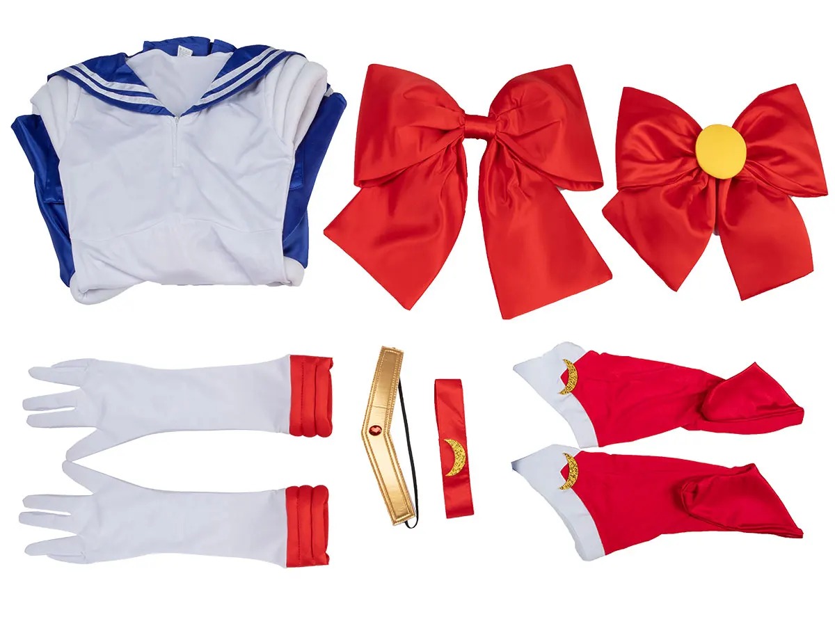Blusa de marinheiro, laços vermelhos, luvas e braçadeiras do cosplay da Sailor Moon