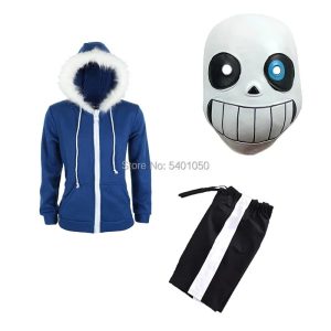 Casaco azul com capuz de pelúcia, shorts listrado e máscara de caveira do Sans, de Undertale