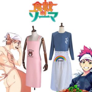 Trajes de Food Wars: avental rosa do Satoshi Isshiki e camisa azul com avental do Soma