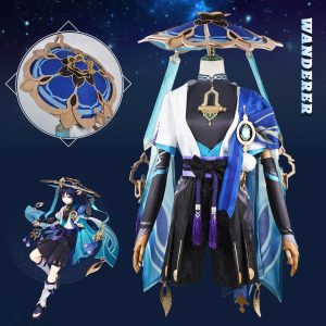 Scaramouche (Andarilho), de Genshin Impact: chapéu largo e roupa azul e preta