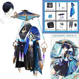 Scaramouche, de Genshin Impact: chapéu largo, roupa azul e peruca escura