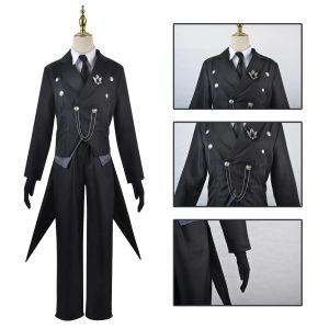 Traje de mordomo do Sebastian Michaelis, de Black Butler, com casaca preta, corrente e gravata