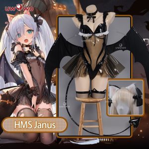 Traje preto da HMS Janus, de Azur Lane, com asas, orelhas de gato e babados, em manequim
