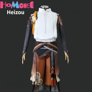 Traje do Shikanoin Heizou, de Genshin Impact: blusa branca, colete preto e saia marrom