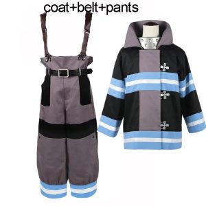Casaco preto com faixas azuis e calça com suspensório do cosplay do Shinra Kusakabe, Fire Force