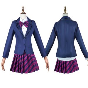 Blazer azul-marinho e saia xadrez roxa do cosplay da Shouko Komi em manequim