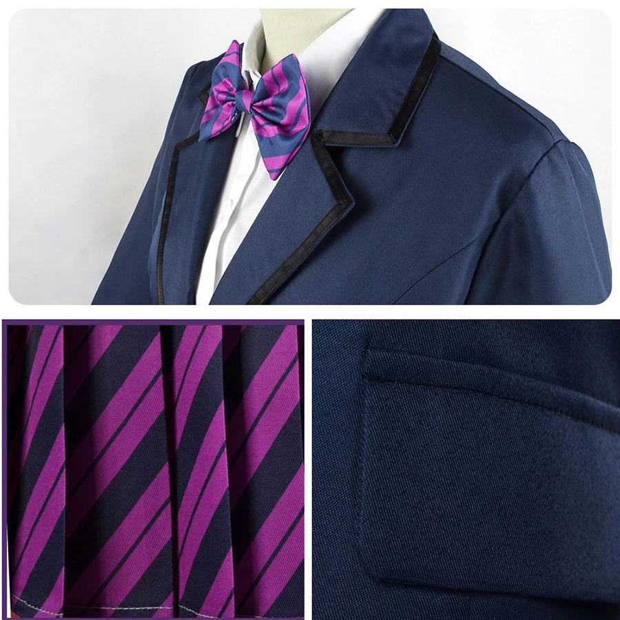 Blazer, gravata e xadrez roxo em detalhe, cosplay da Shouko Komi