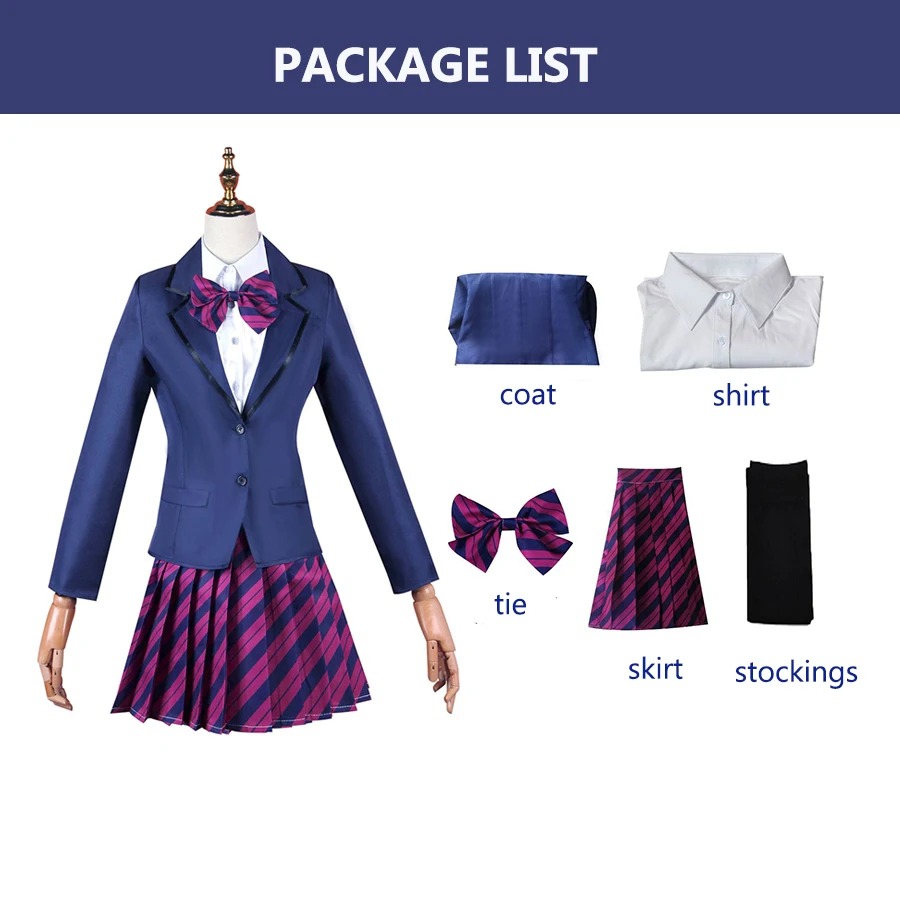 Lista do pacote do cosplay da Shouko Komi: blazer, camisa, gravata, saia e meias