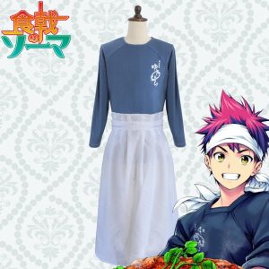 Traje do Soma Yukihira, de Food Wars: camisa azul de manga longa e avental branco