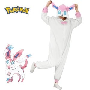 Macacão pijama branco e rosa da Sylveon, de Pokémon, com laço e orelhas