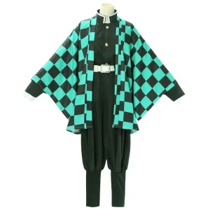 Fantasia do Tanjiro Kamado, Demon Slayer, com uniforme e haori xadrez verde e preto