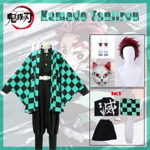Tanjiro Kamado, de Demon Slayer: haori xadrez verde e preto, peruca e brincos