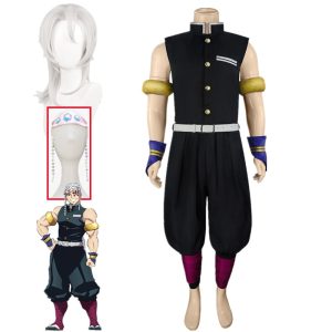 Cosplay do Tengen Uzui, de Demon Slayer: uniforme preto sem manga, braceletes e peruca branca