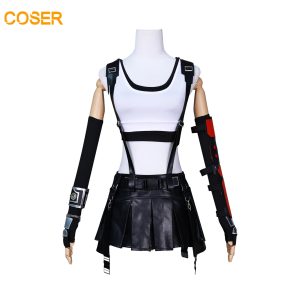 Camiseta branca, saia plissada preta, suspensórios e luvas do cosplay da Tifa, de Final Fantasy VII