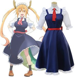 Tohru, de Kobayashi-san Chi no Maid Dragon: vestido de empregada azul-marinho e branco