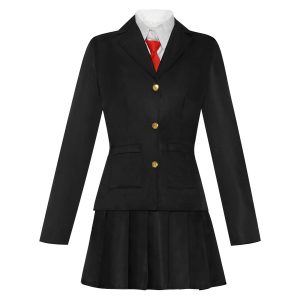 Uniforme escolar da Tomie, de Junji Ito, com blazer preto de botões dourados, camisa branca, gravata vermelha e saia