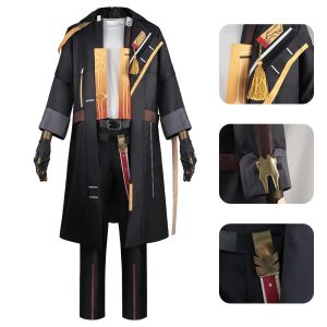 Casaco longo preto com detalhes dourados do cosplay do Trailblazer, frente e costas, Honkai: Star Rail