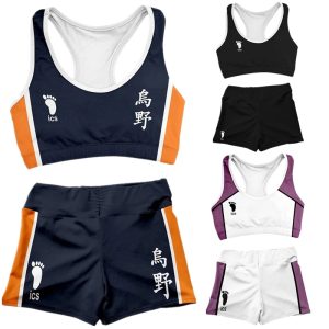 Uniformes esportivos de Haikyuu!!: tops e shorts azul-marinho com laranja e brancos com roxo