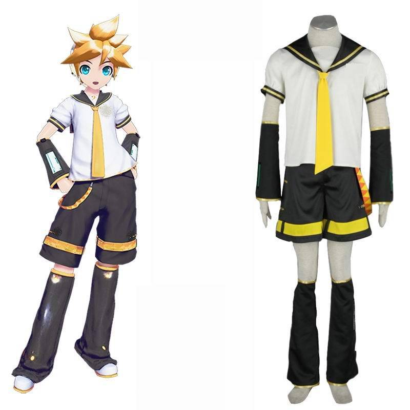 Traje do Len Kagamine, de Vocaloid: camisa branca, gravata amarela, short preto e manguitos