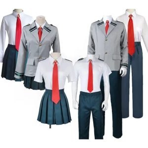 Uniforme escolar da U.A., de My Hero Academia: camisa branca, gravata vermelha, jaqueta cinza e calça ou saia verde