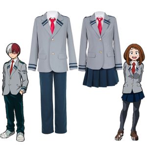 Uniformes da U.A., de My Hero Academia: blazer cinza, gravata vermelha e calça ou saia
