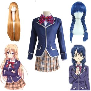 Uniformes da Erina Nakiri e da Megumi Tadokoro, de Food Wars, com perucas loira e azul