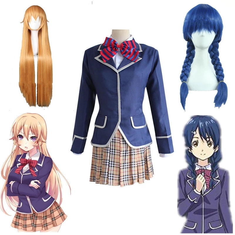 Uniformes da Erina Nakiri e da Megumi Tadokoro, de Food Wars, com perucas loira e azul