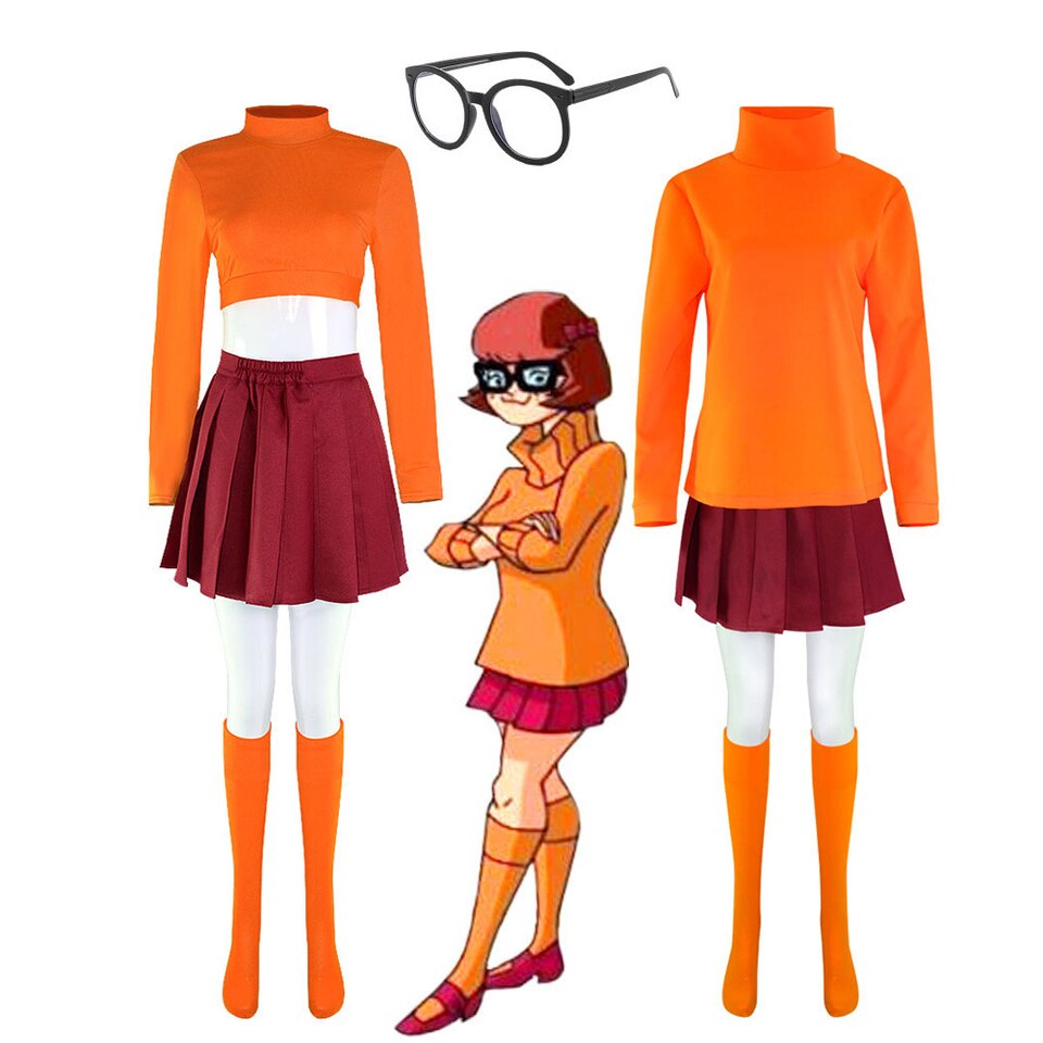 Traje da Velma, de Scooby-Doo: suéter laranja, saia vermelha, meias laranja e óculos