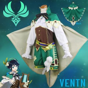 Traje do Venti, de Genshin Impact: capa verde, corpete marrom, camisa branca e short verde