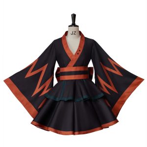 Vestido quimono lolita do Bakugo (My Hero Academia) em manequim, preto com explosões laranja