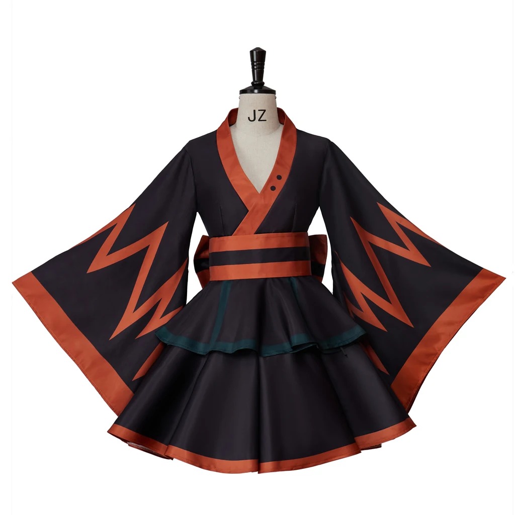 Vestido quimono lolita do Bakugo (My Hero Academia) em manequim, preto com explosões laranja