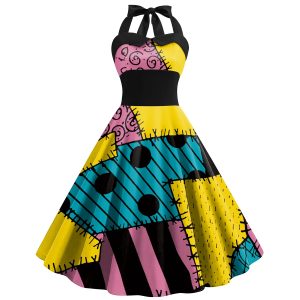 Vestido da Sally em retalhos amarelos, azul-petróleo e rosa, com laço no pescoço, O Estranho Mundo de Jack