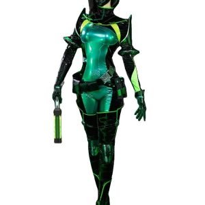 Cosplay da Viper, de Valorant, em modelo: macacão verde e preto, máscara, luvas e peruca preta
