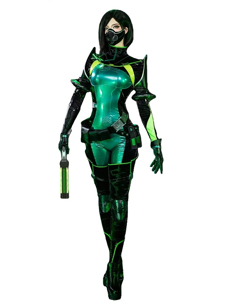 Cosplay da Viper, de Valorant, em modelo: macacão verde e preto, máscara, luvas e peruca preta
