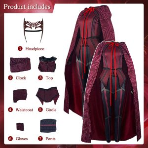 Peças do cosplay da Feiticeira Escarlate: tiara, capa, blusa, colete, cinto, luvas e calça