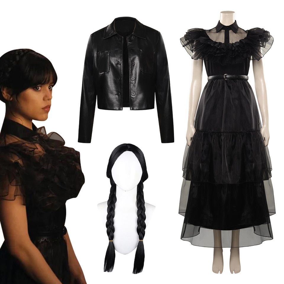 Wandinha Addams: vestido preto de babados, jaqueta de couro e peruca de tranças