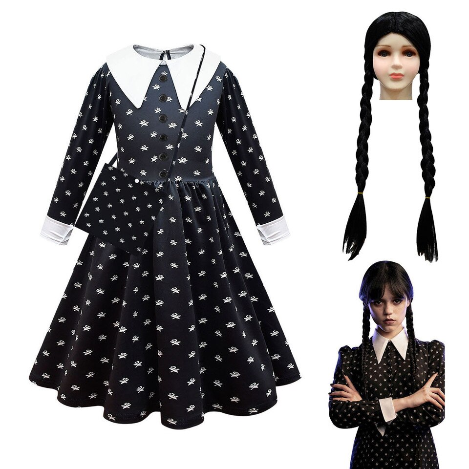 Vestido preto estampado com gola branca da Wandinha Addams, com peruca de tranças