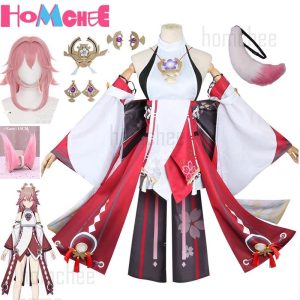 Traje da Yae Miko, de Genshin Impact: vestido branco e vermelho, peruca rosa e acessórios